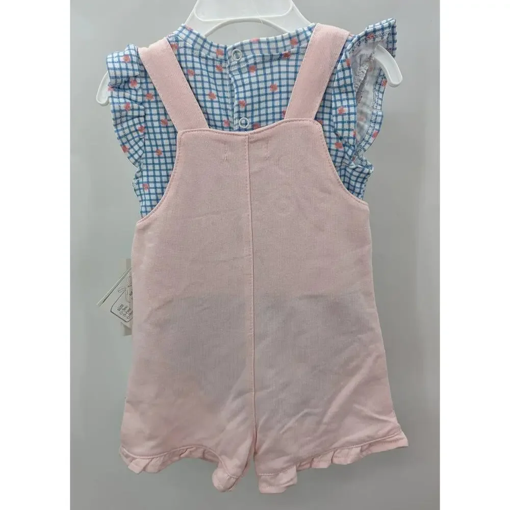 Quiltex Shortalls Pink Suspender Blue Plaid Floral Top 2 Piece Outfit 12mo NWT